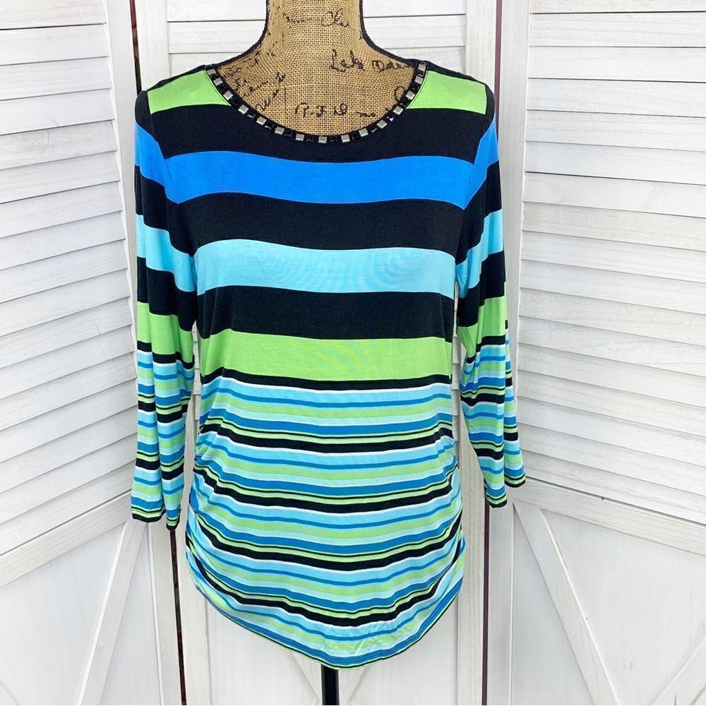 Ruby Rd. Beaded Neckline Striped Shirt Teal Lime‎ Black Small